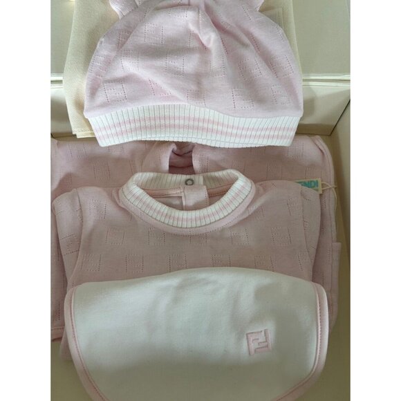 FENDI 3 PIECES BABY GIRL SET PINK BEANIE BIB ONE PIECE NIB 💕 6 Months - Picture 1 of 9